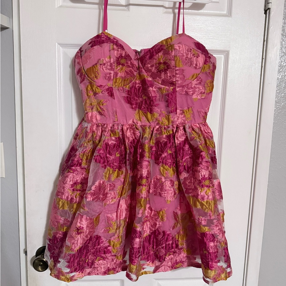 Showpo brailey mini dress sweetheart bustier dress in pink jacquard